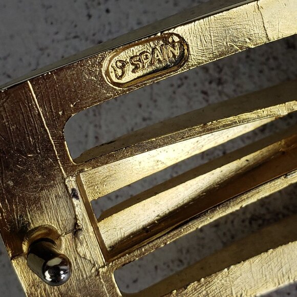 Vintage Spain Art Deco Leather Belt Black Gold Buckle Classic Elegant Minimalist - Picture 4 of 9